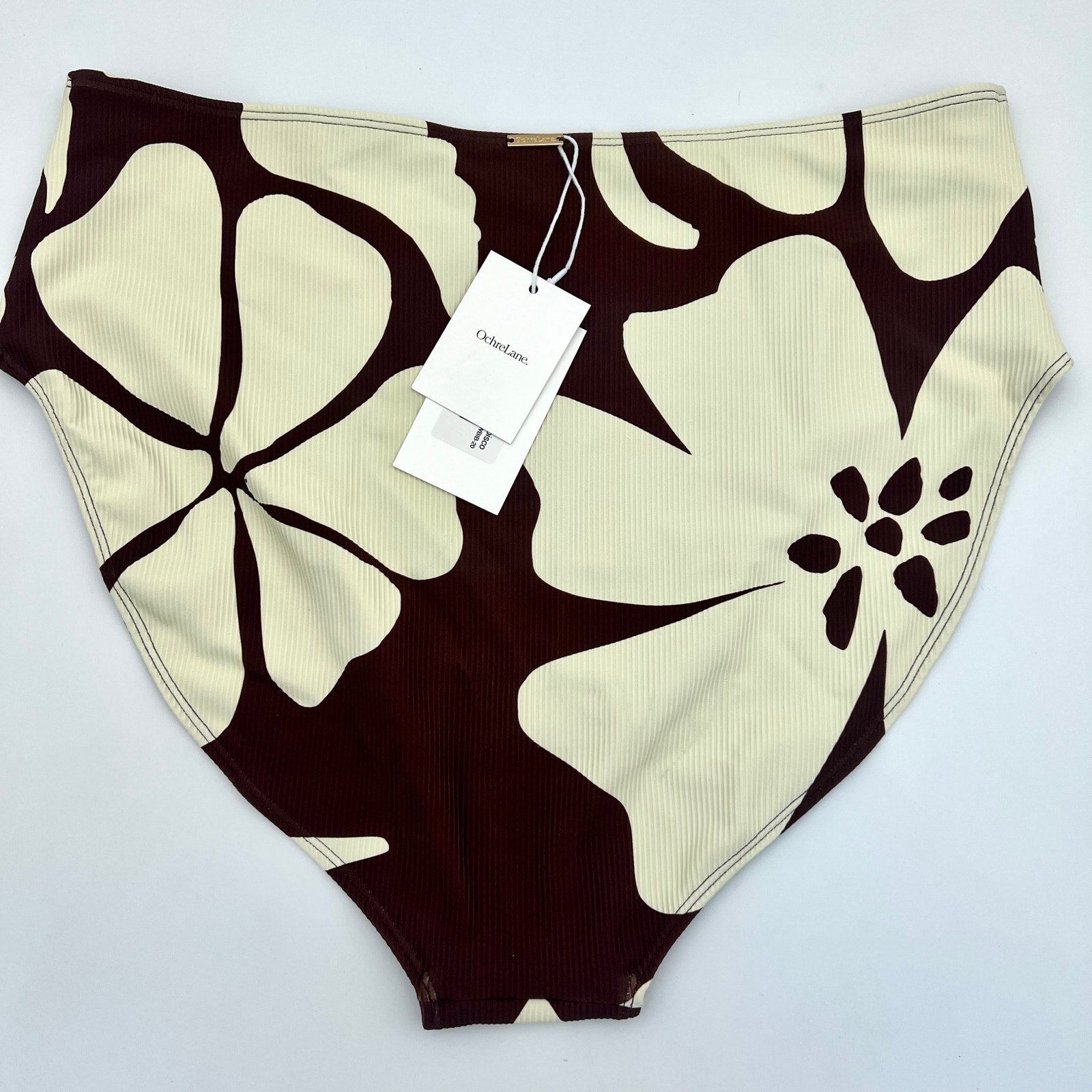 Ochrelane High Waist Swim Bottoms Womens 16 Au20 Brown Cream Floral Ribbed Nwt — image 3 of 8